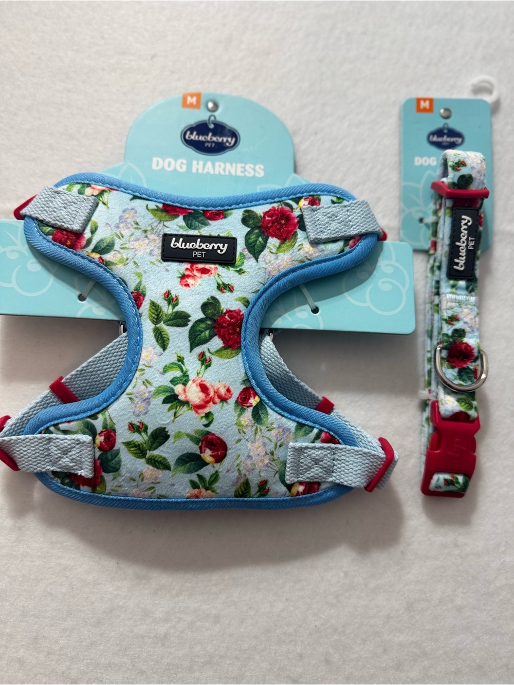 Blueberry Blue Velvet Flower Print Floral Dog Harness Vest & Collar Set Size M